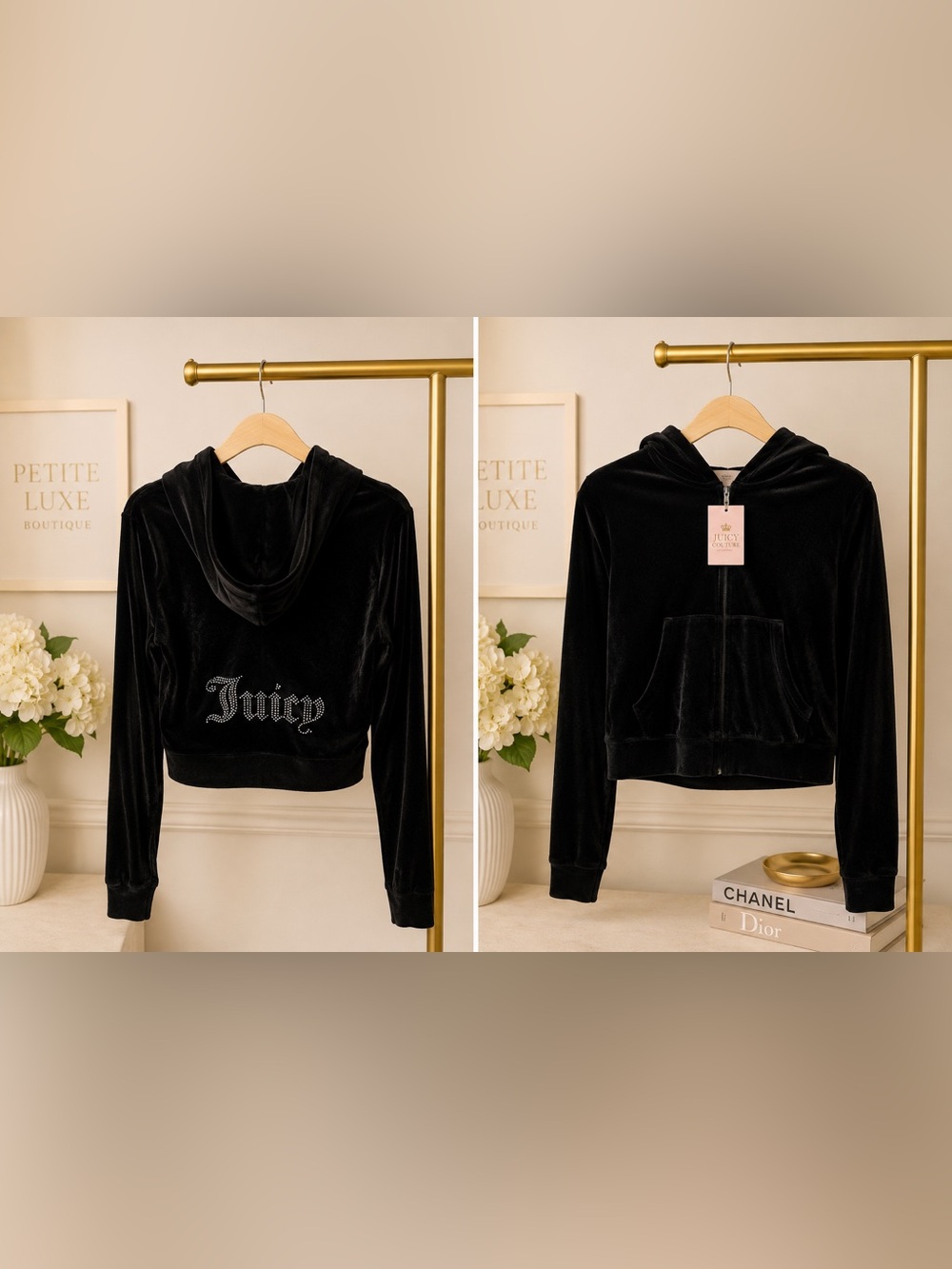 Juicy Couture Black Velour Zip Hoodie & Pant Set NWT • Size Large